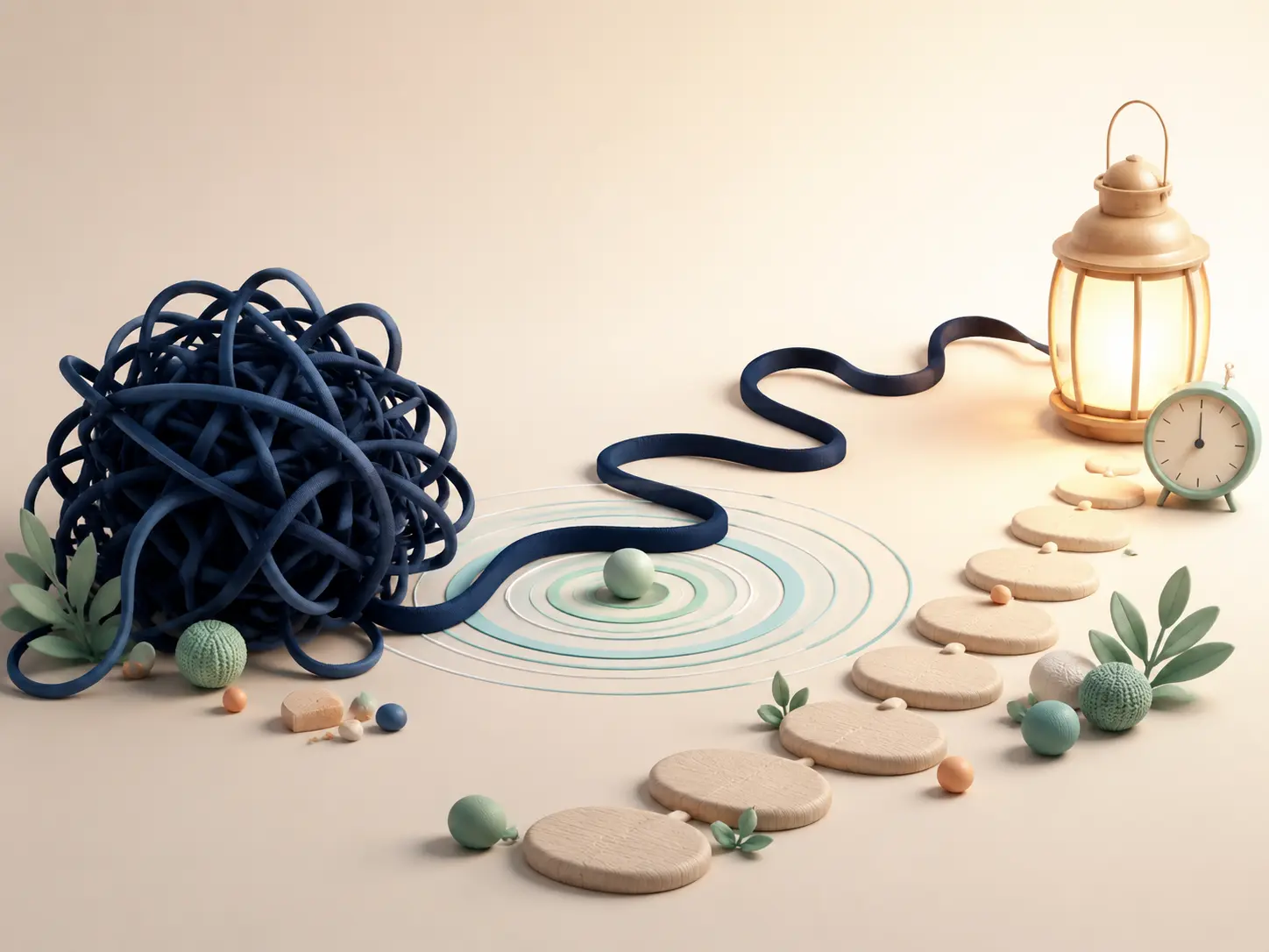 Ilustração 3D de fio se desfazendo em caminho iluminado sobre ansiedade