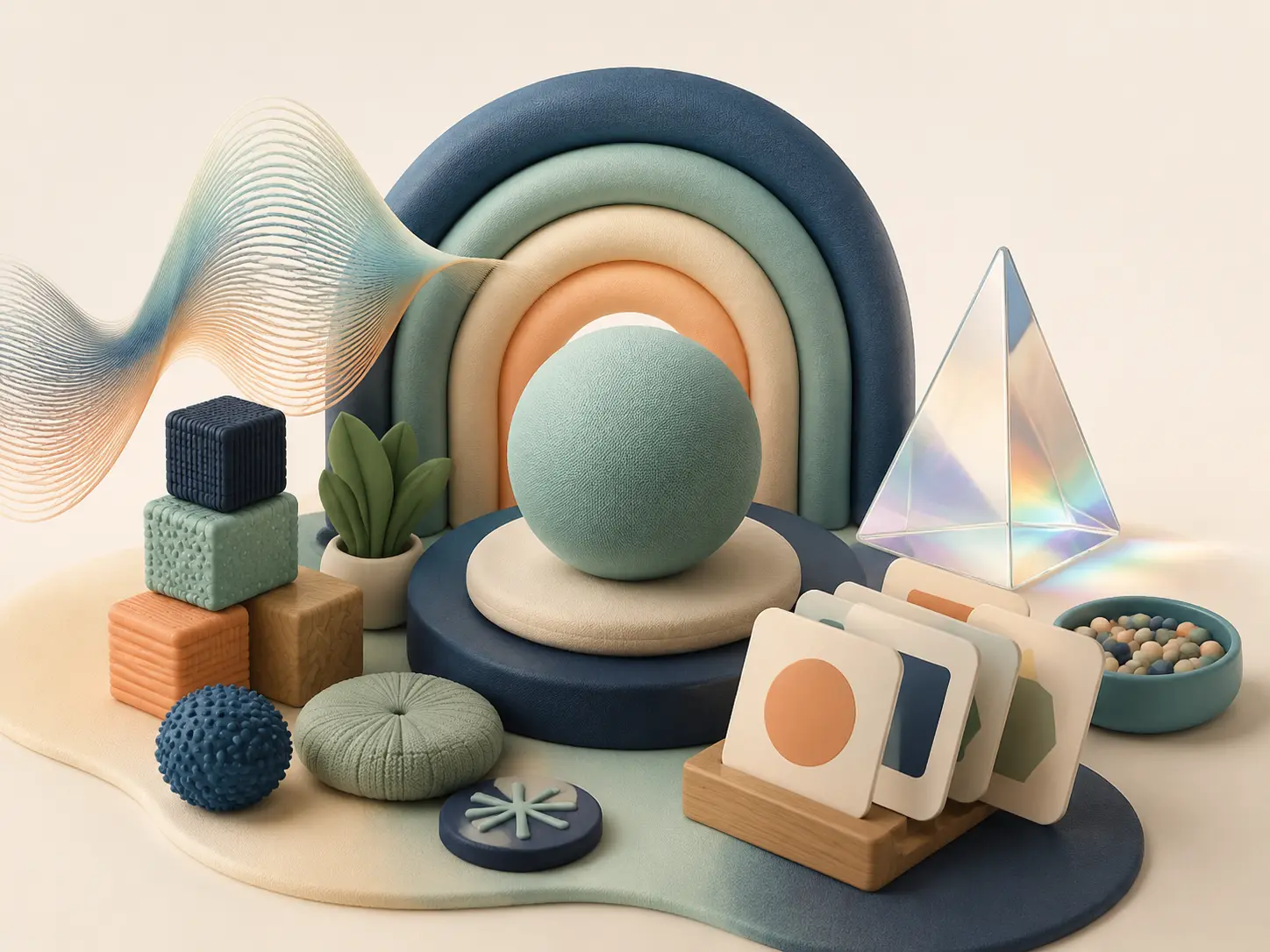 Ilustração 3D com objetos sensoriais e formas de comunicação no autismo
