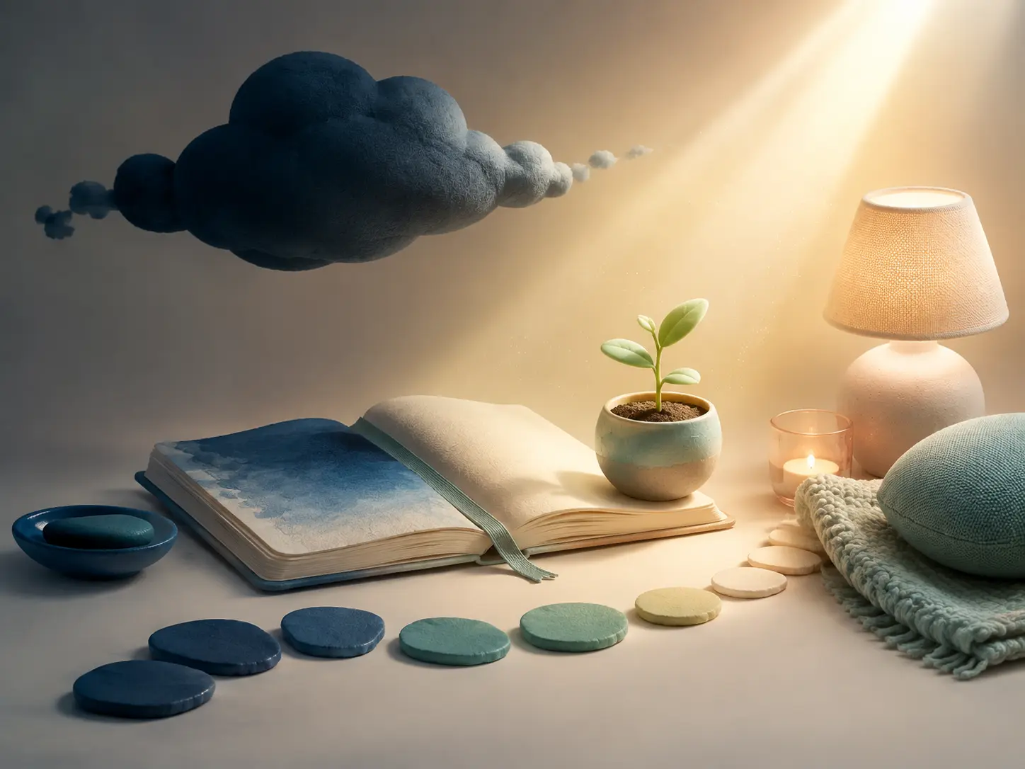 Ilustração 3D de nuvem se afastando e planta recebendo luz sobre depressão