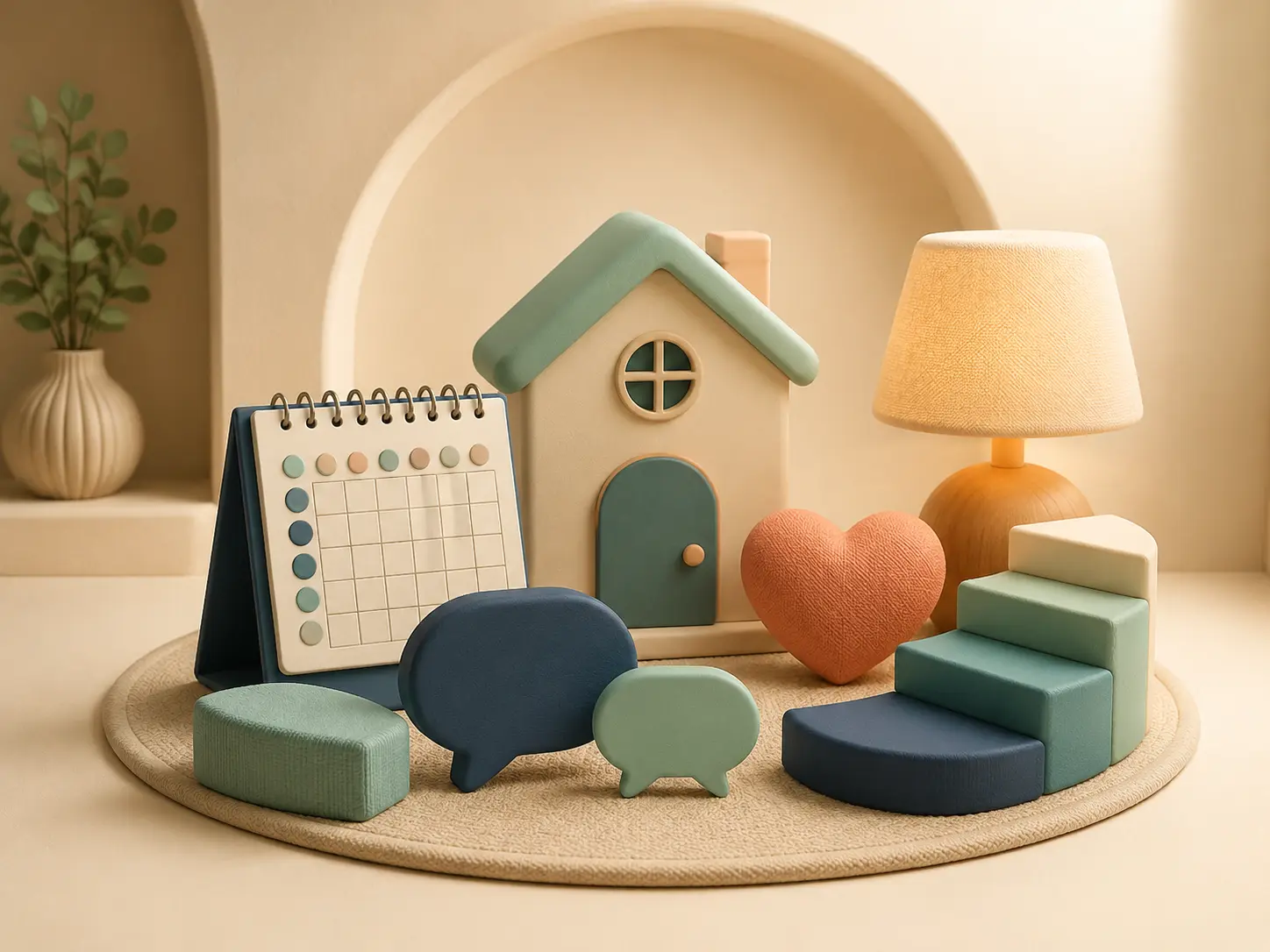 Ilustração 3D com casa, calendário e símbolos de orientação parental