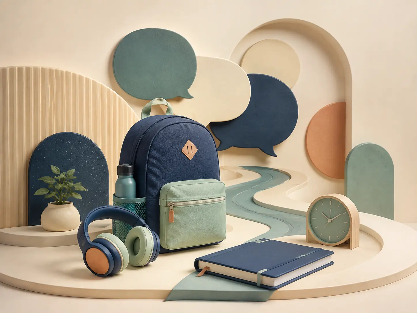 Ilustração 3D com mochila, diário e símbolos de conversa na adolescência