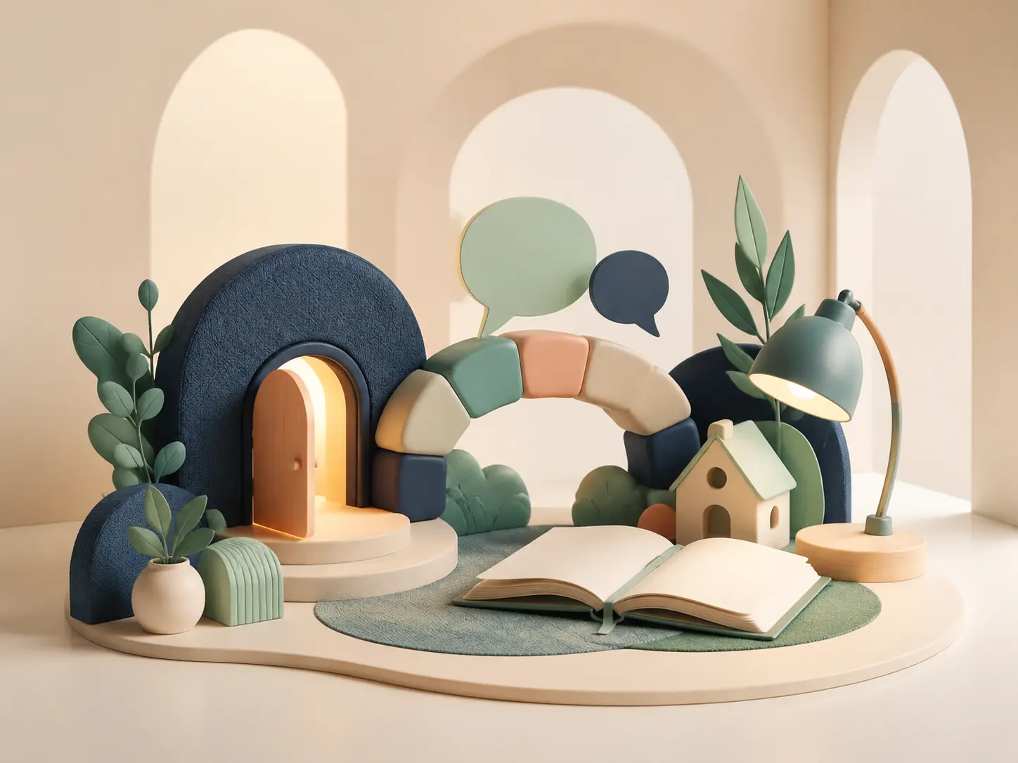 Ilustração 3D com símbolos de escuta e acolhimento em psiquiatria infantil