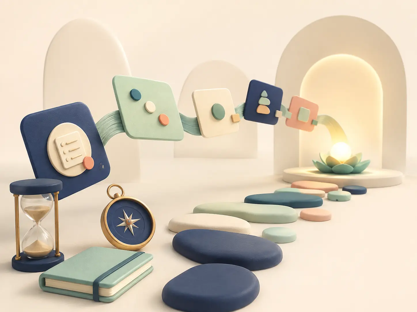 Ilustração 3D com agenda, relógio e caminho sobre atenção e organização