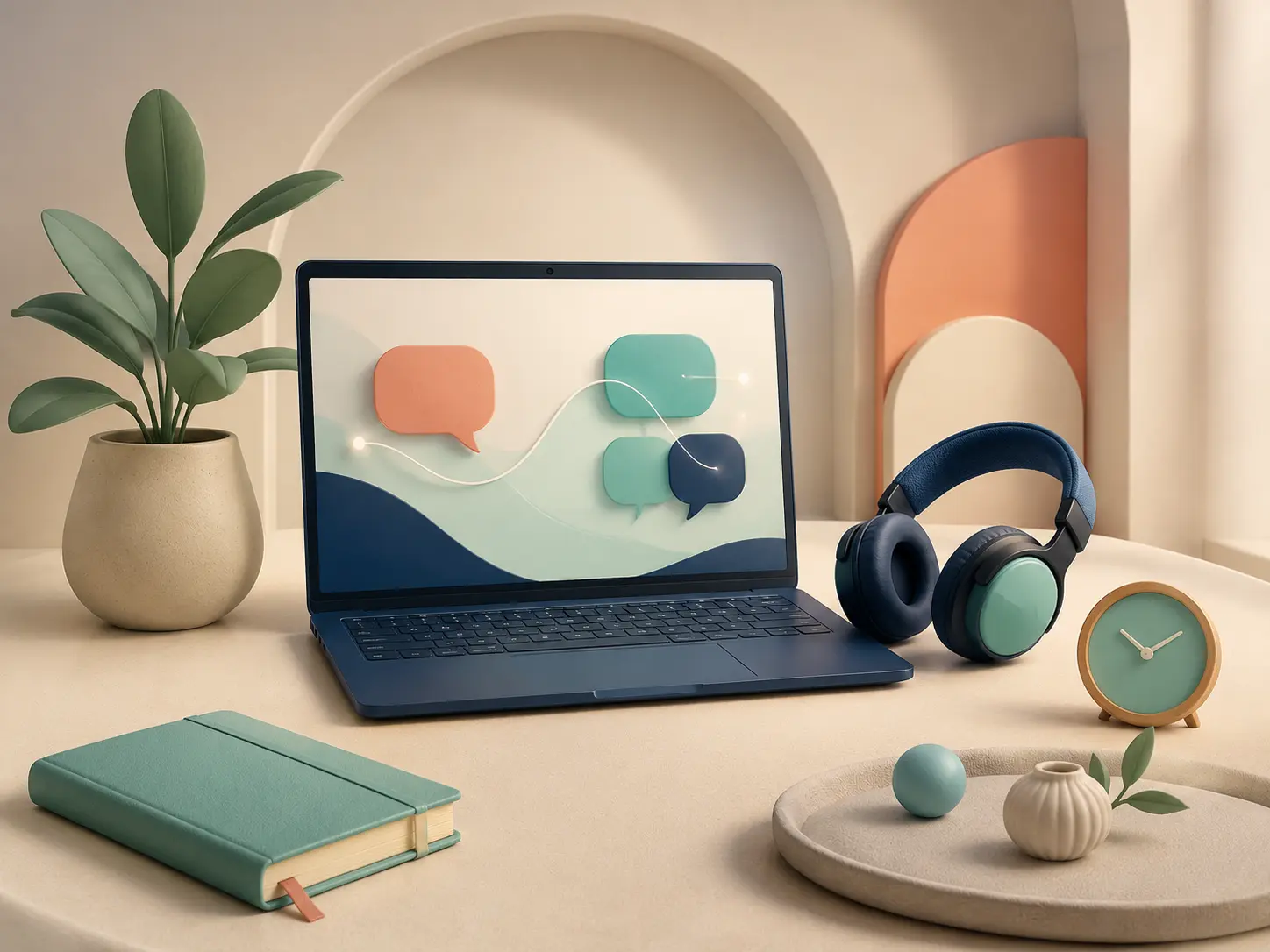 Ilustração 3D de laptop e símbolos de conversa para teleconsulta